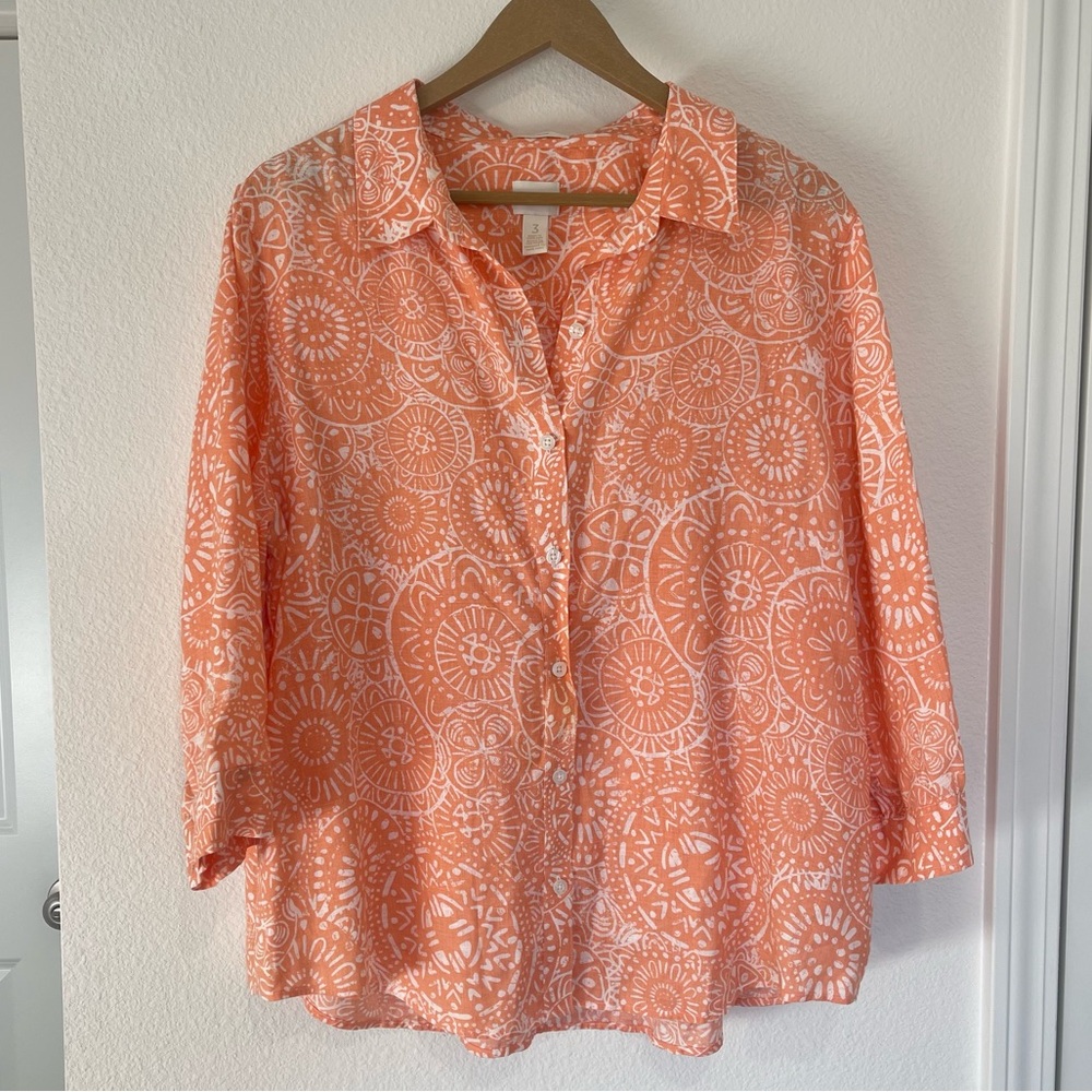 Chicos No Iron Linen Shirt sz 3 US 16 Orange White Boho Button Up Beach Coastal